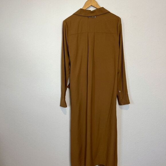 Tibi Caramel Brown Viscose Twill Tie Waist Midi Shirt Dress Women's Small - Picture 4 of 7